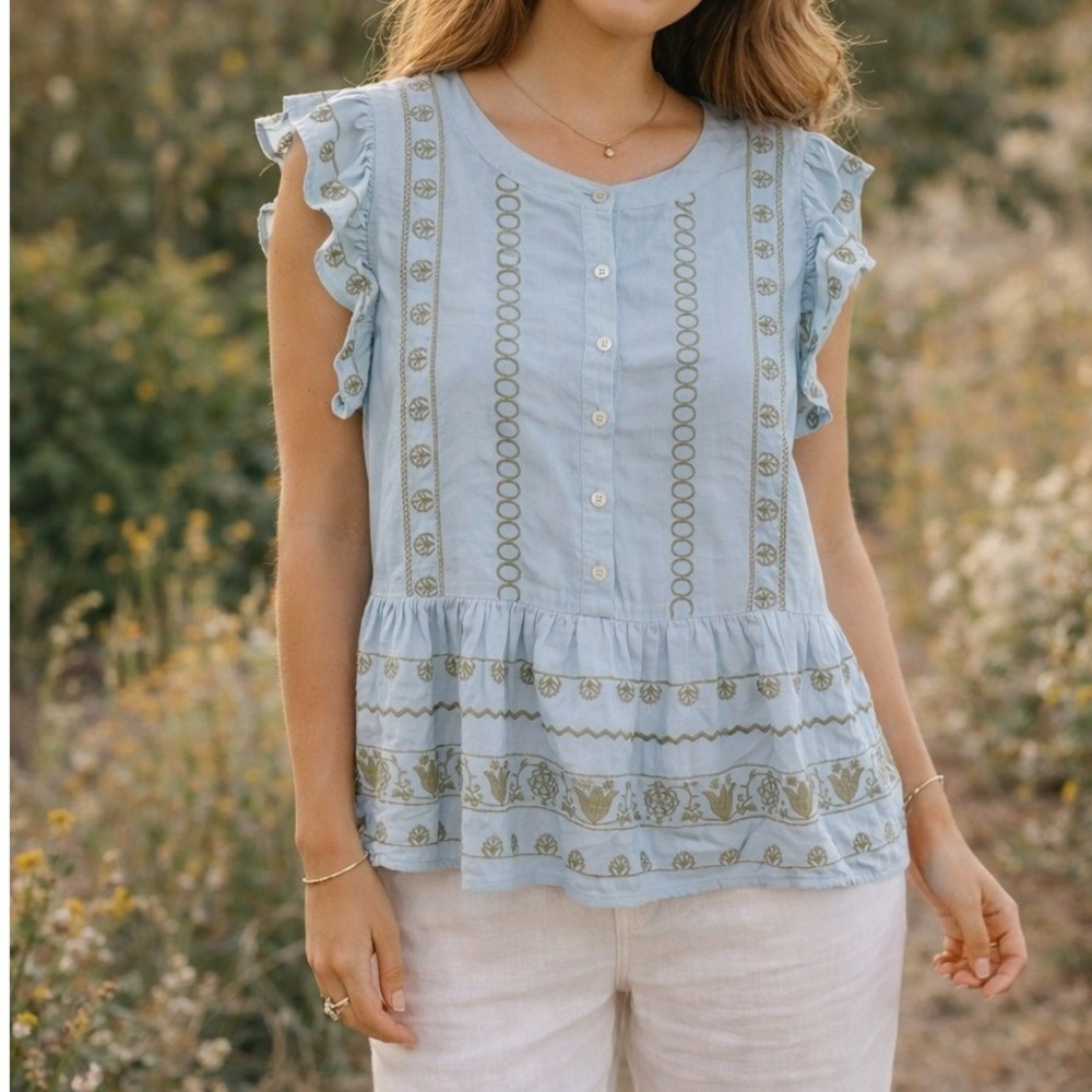 LOFT Petite Baby Blue Embroidered Boho Blouse Ruffle Sleeve XS Soft Boho Cottage